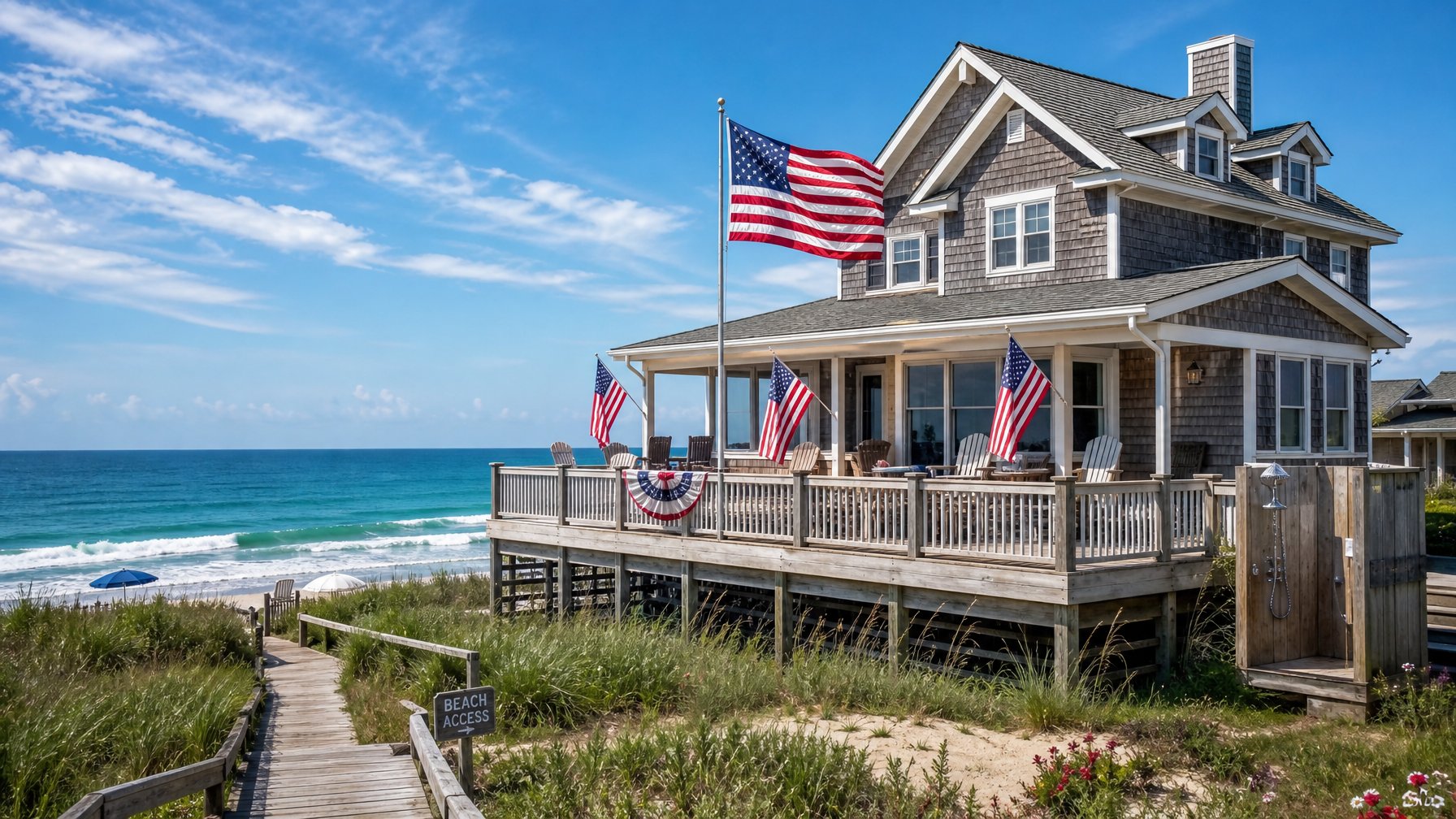Oceanfront beach house vacation rental at Outer Banks North Carolina with wraparound deck, American flags, and Atlantic Ocean views on 4th of July