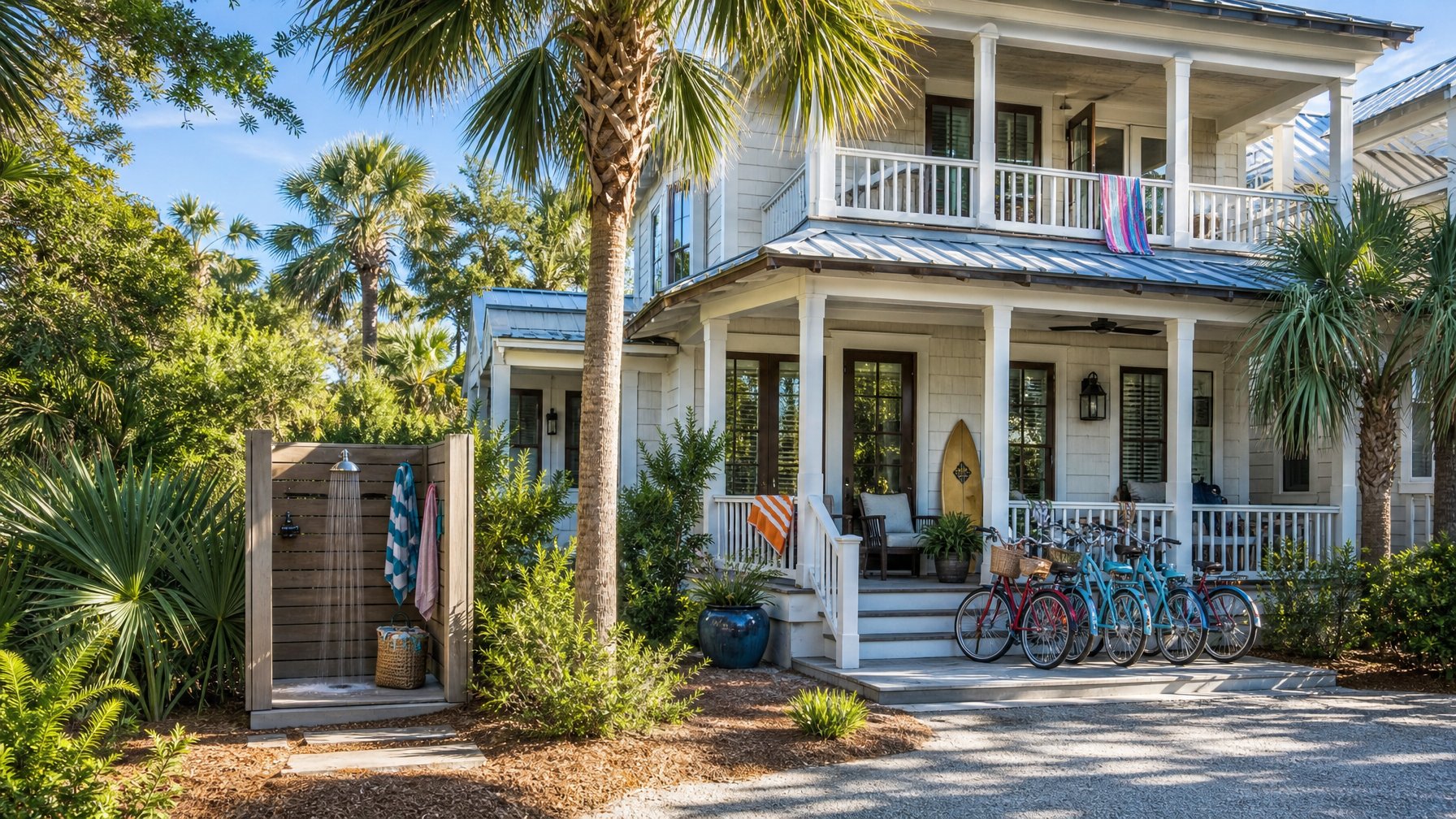 Hilton Head South Carolina beach house vacation rental with outdoor shower, bicycles parked on the front porch, colorful beach towels, and lush palmetto trees in summer afternoon light