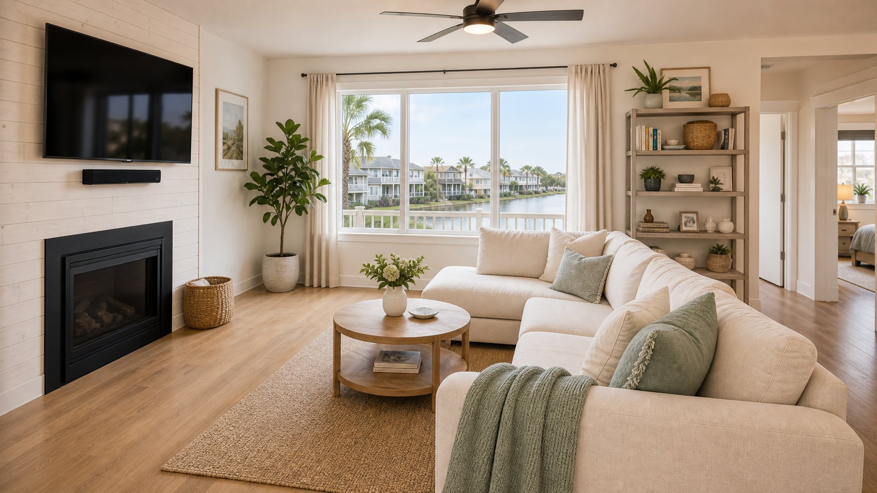 Wide-angle vacation rental living room shot from corner showing full seating area, wall-mounted TV, large natural light window, and hardwood floors with minimal warm staging