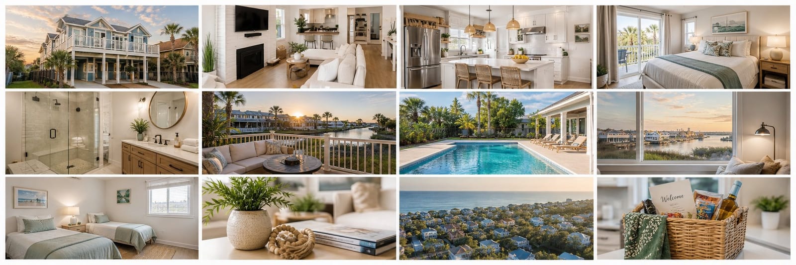 Editorial grid of 12 vacation rental property photos — exterior, living room, kitchen, bedroom, bathroom, outdoor deck, pool, view, detail shots, and welcome basket arranged in a clean 4x3 layout