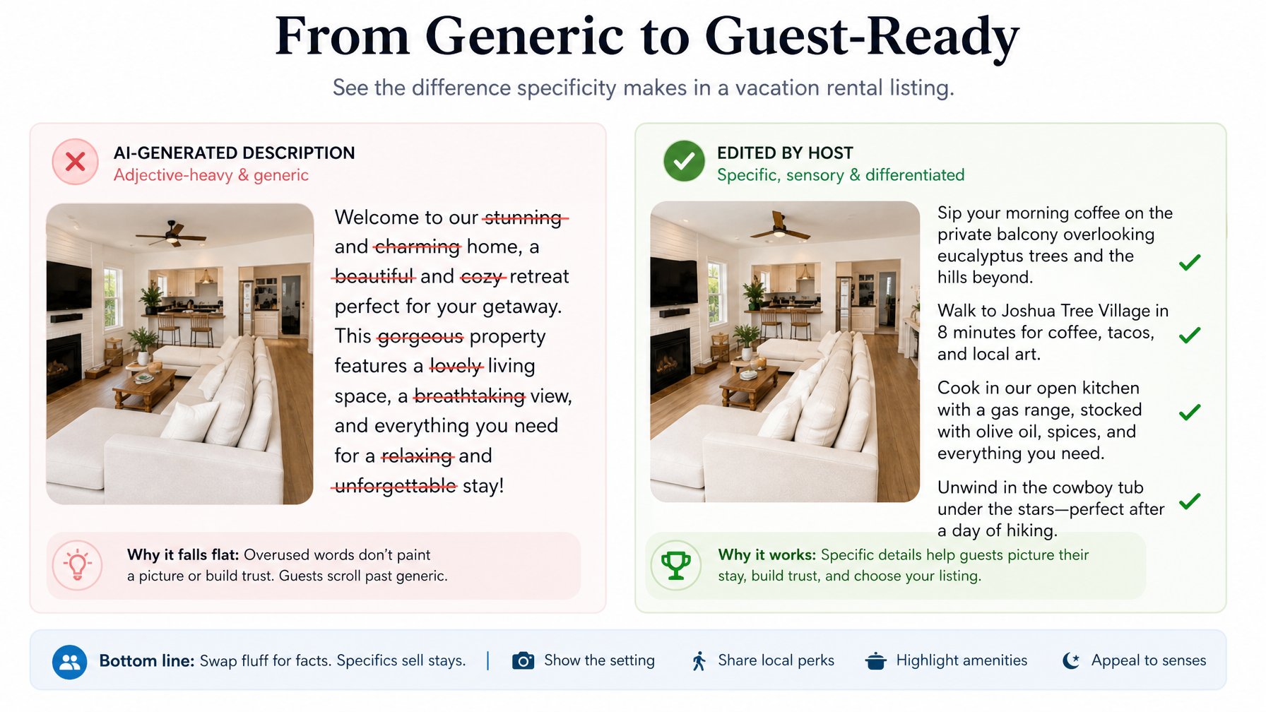 Side-by-side comparison of an unedited AI vacation rental listing description versus an edited host version, with annotations showing the improvements