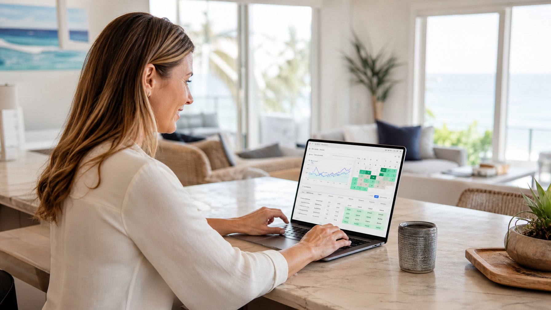 Vacation rental host reviewing an AI dynamic pricing dashboard on a laptop at a bright coastal vacation rental property kitchen island, with green upward-trending rate graphs visible on screen — representing the STR pricing technology available to independent hosts in 2026
