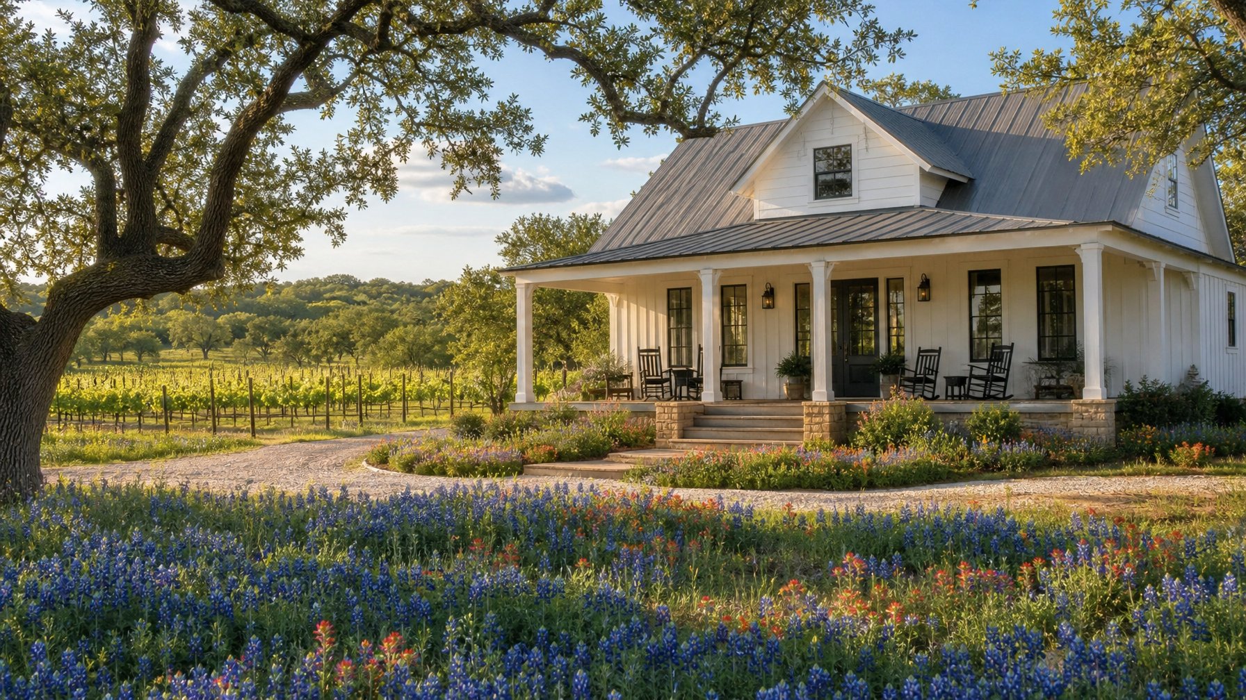 Charming Texas Hill Country farmhouse vacation rental near Fredericksburg with bluebonnets in bloom, covered front porch, and vineyard views in the background