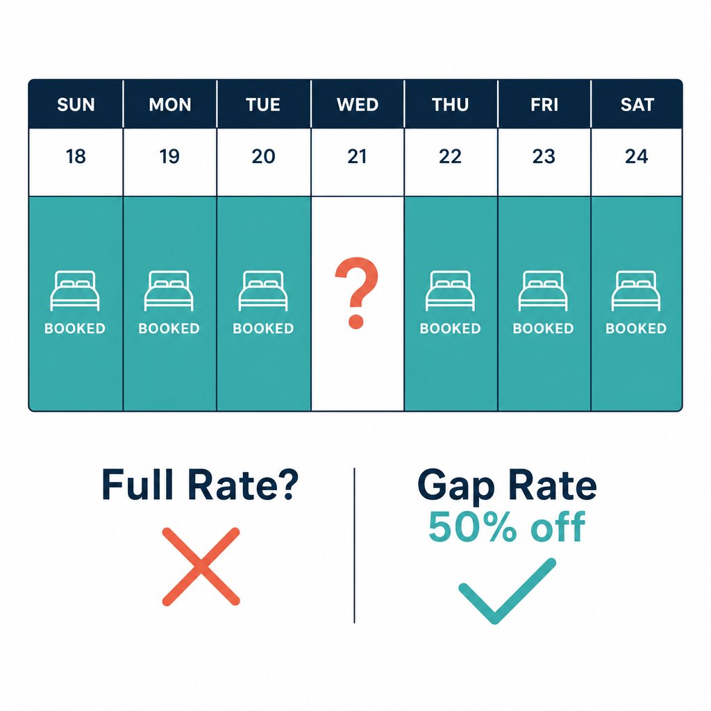 Weekly calendar grid showing a single unbooked gap night between two vacation rental reservations, with a full-rate option crossed out and a 50% gap rate highlighted