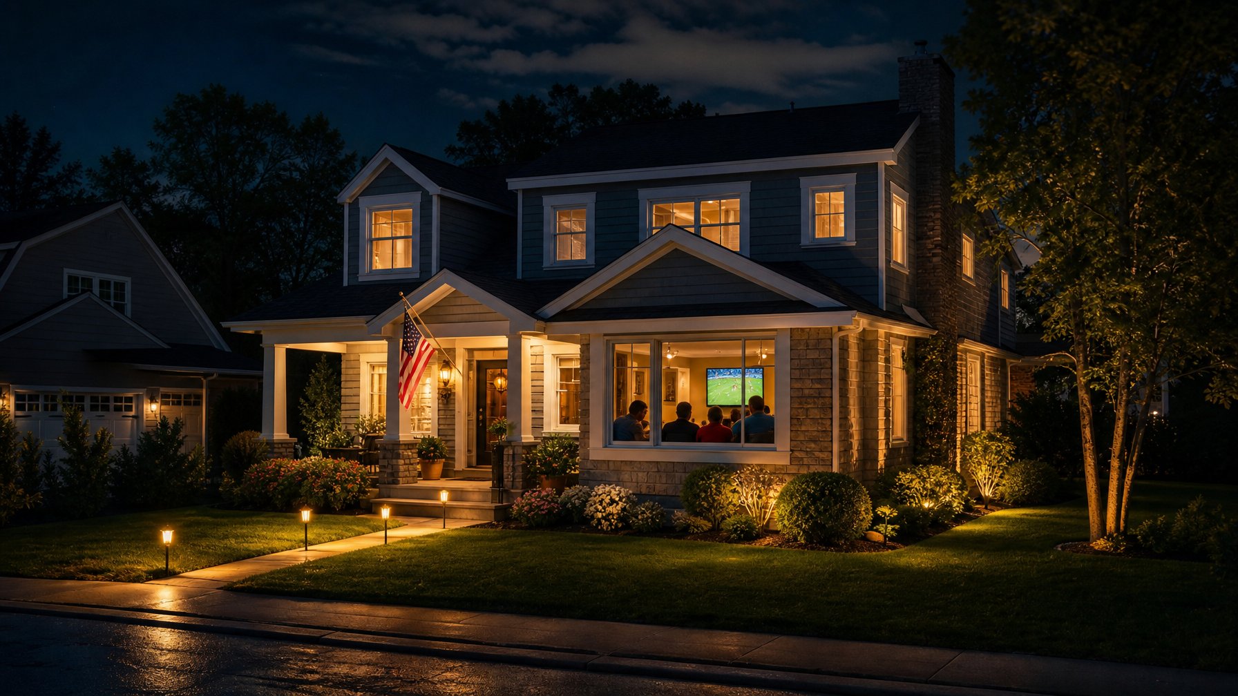 New York metro area vacation rental exterior at night with warm interior lighting and soccer fans visible through living room window watching the World Cup — STR host city demand illustration