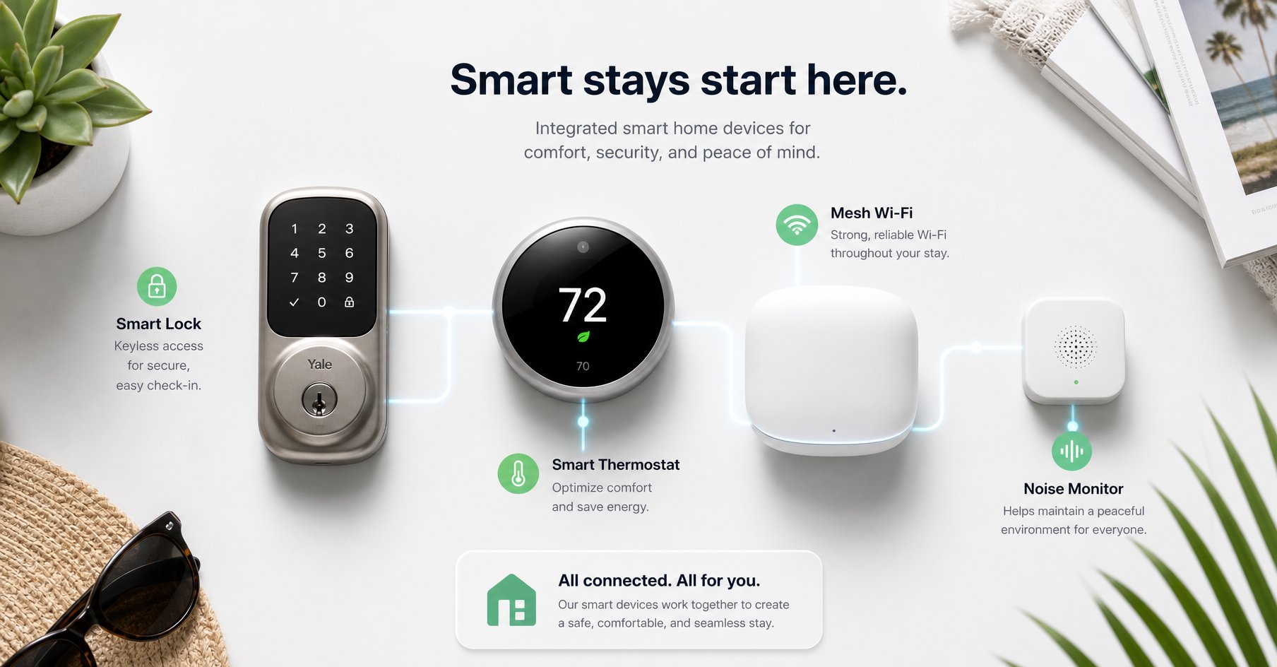 Overhead flat-lay of vacation rental smart home devices — smart lock, thermostat, mesh router, and noise monitor arranged as an integrated smart home ecosystem for STR hosts