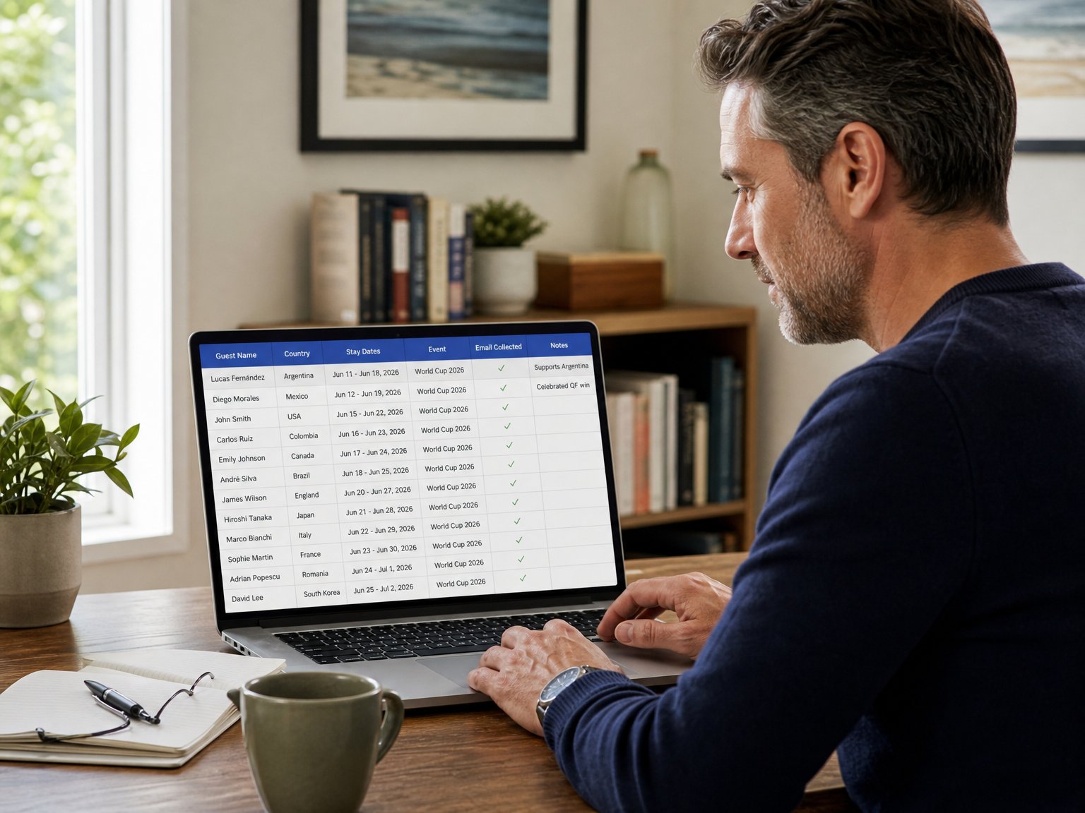 A vacation rental host adding World Cup 2026 guest contact information to a direct booking guest database spreadsheet for future repeat booking outreach