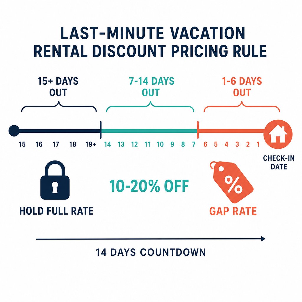 Horizontal timeline counting down 14 days to check-in, showing three vacation rental pricing zones: Hold Full Rate beyond 14 days, 10–20% off at 7–14 days, and gap rate within 6 days