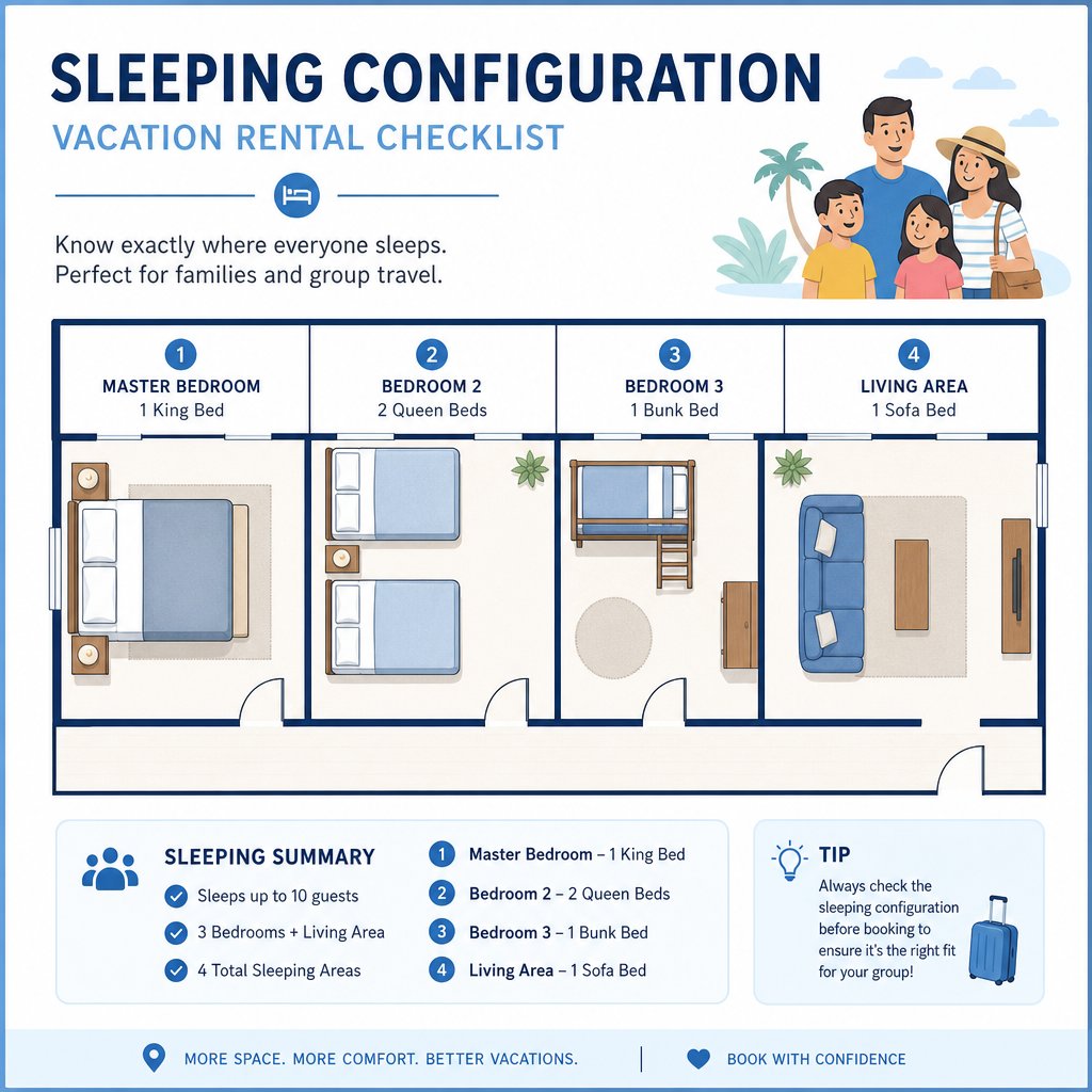 Vacation rental bedroom layout diagram showing bed types by room for family vacation rental planning