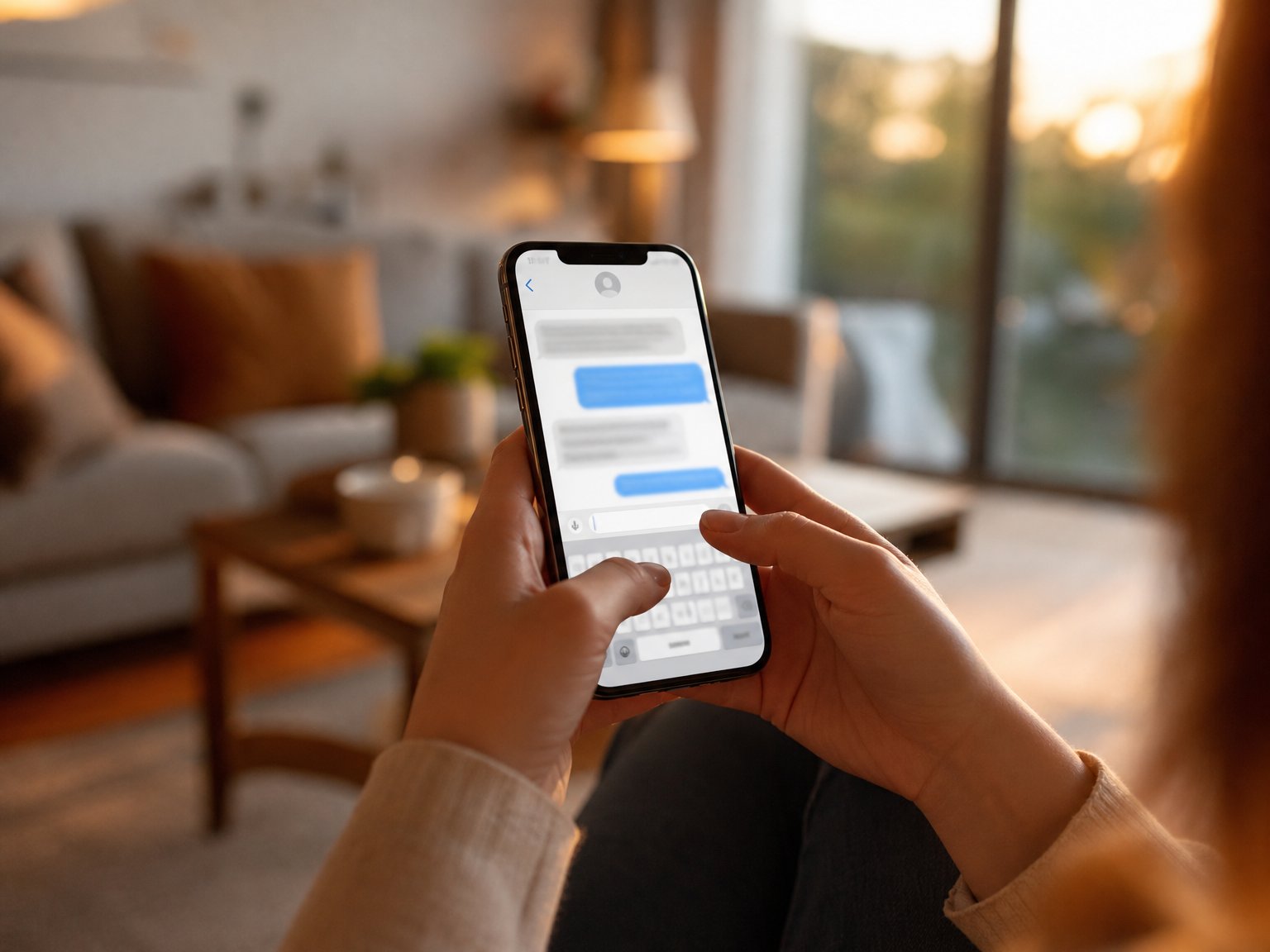 Close-up of a host's hands composing a post-stay thank-you and review request message on a smartphone