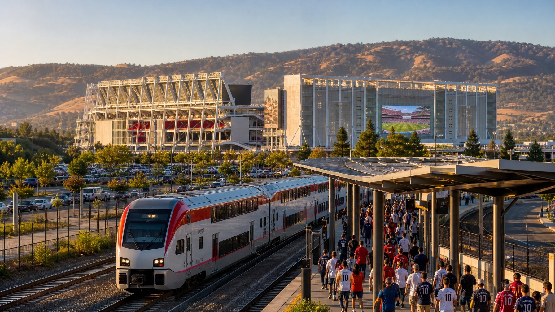 A Caltrain commuter train at a Santa Clara station platform with Levi's Stadium and California rolling hills visible at golden hour