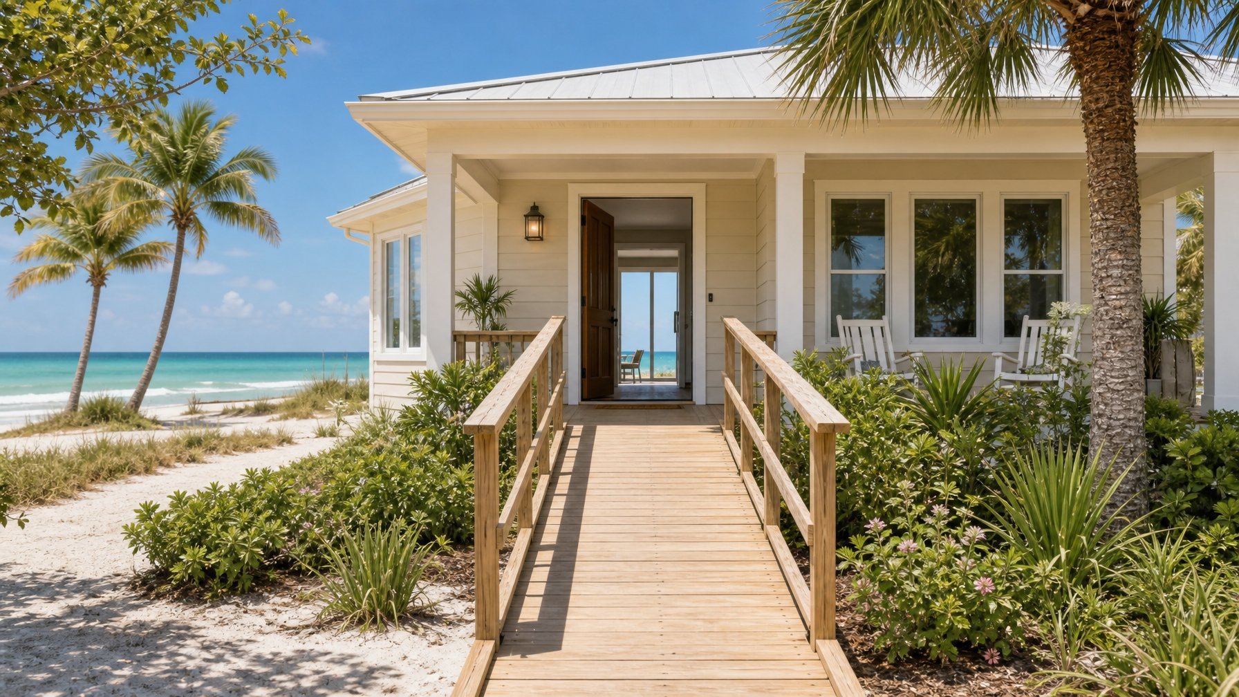Wheelchair accessible beach house rental with wooden ramp entry and Gulf Coast ocean view