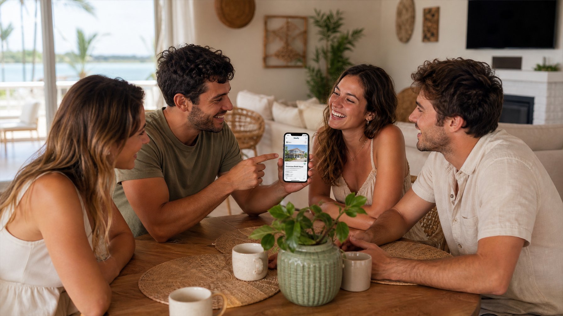 A group of four friends laughing and sharing a meal together in a beautifully furnished vacation rental, one person holding a phone showing a Houfy listing to the others