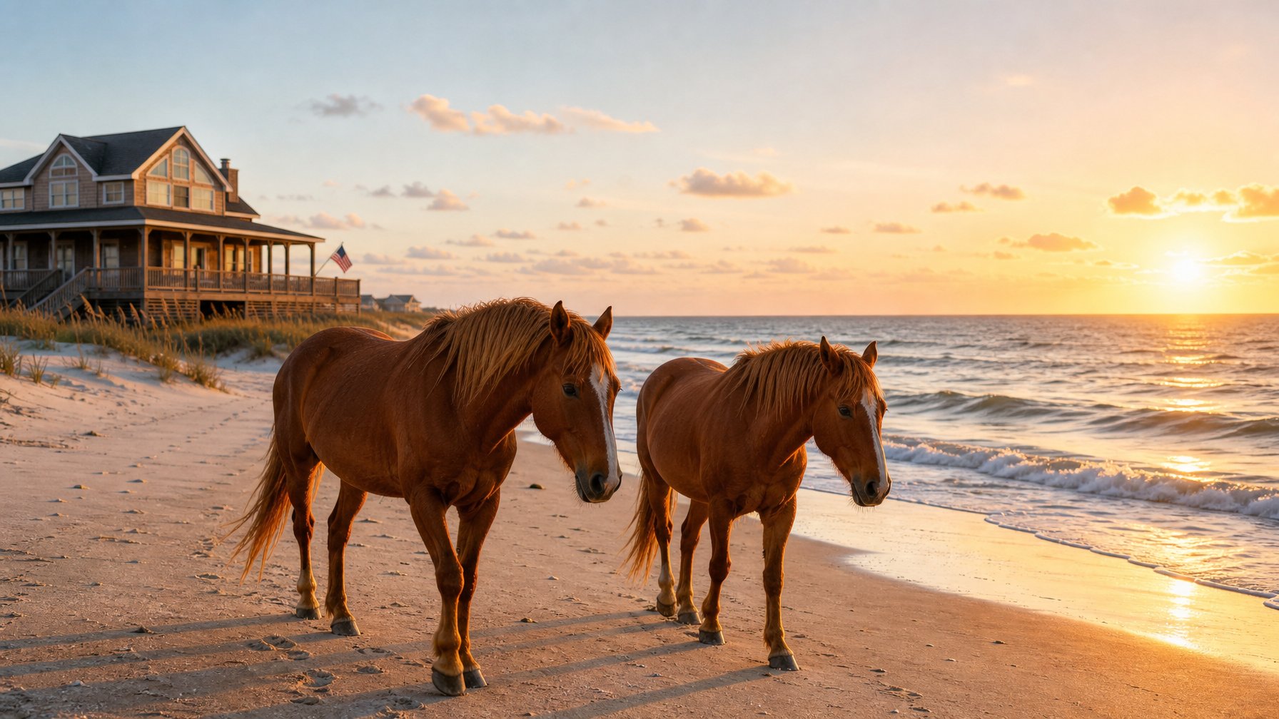 Wild horses walking along the Corolla Outer Banks beach at sunrise with an oceanfront vacation rental on stilts visible in the background — iconic OBX northern beach experience