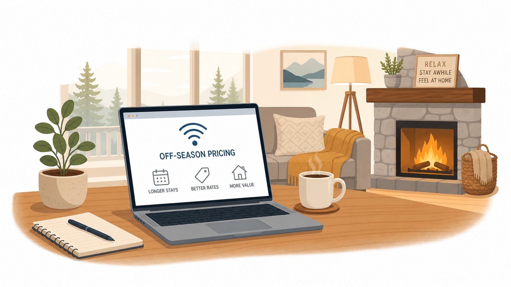 Cozy vacation rental interior with laptop and fireplace set up for remote work and long-stay off-season guests