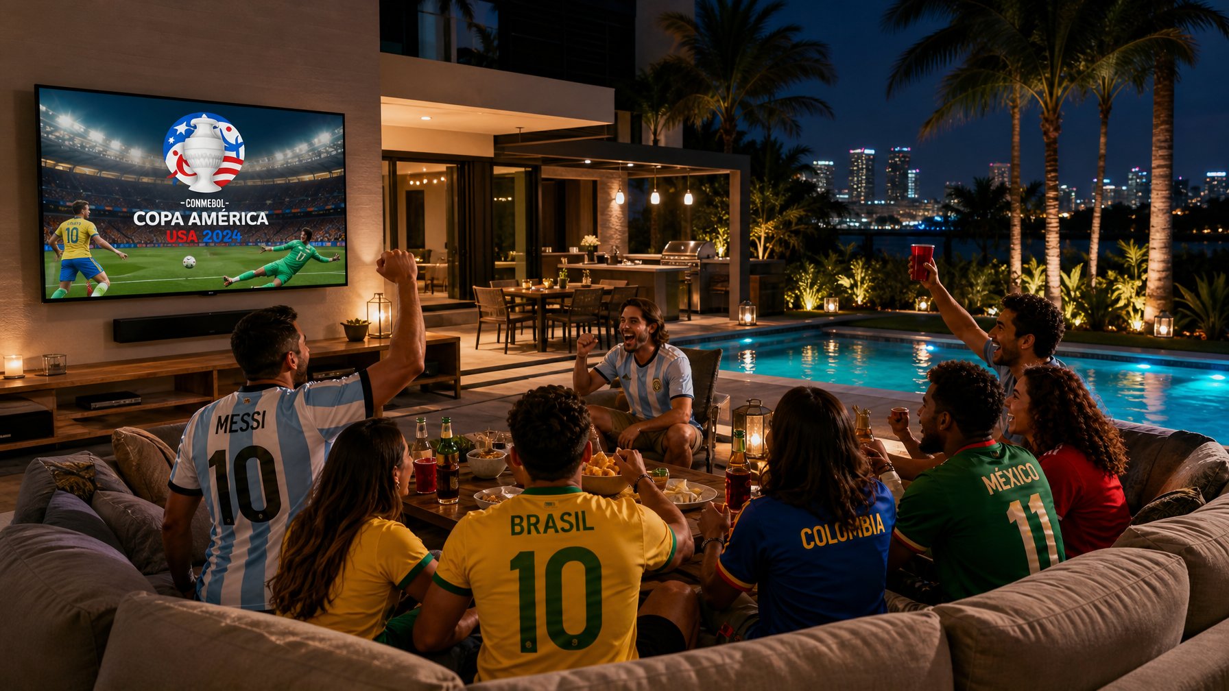 Miami vacation rental pool with Copa América 2026 fans watching semifinal match at night — direct booking vacation rental Hard Rock Stadium Miami