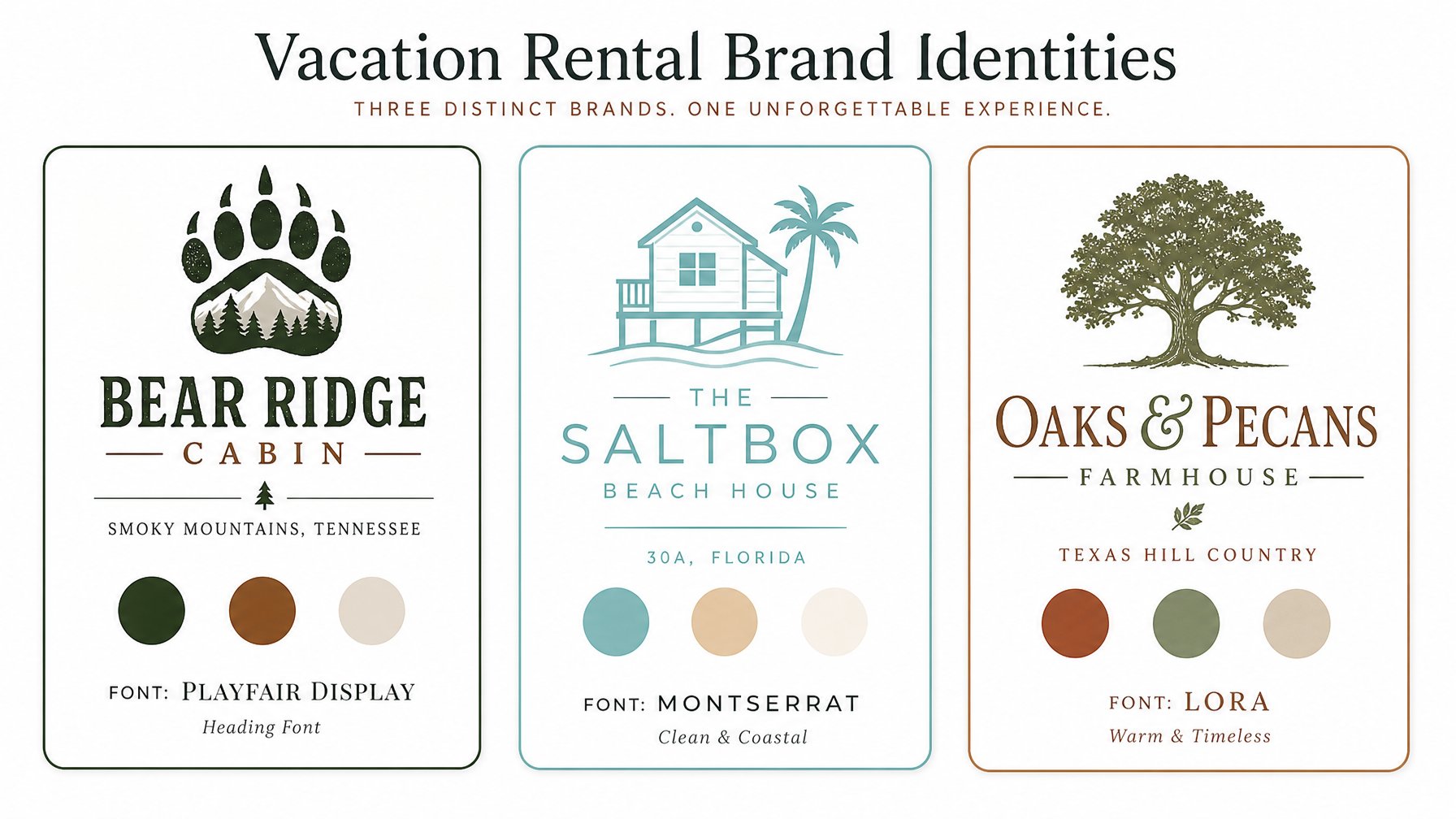 Three vacation rental brand identities — Bear Ridge Cabin, The Saltbox, and Oaks & Pecans — each with a logo, color palette, and font for brand building