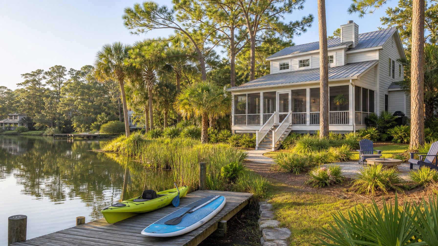 Palmetto Dunes Hilton Head Island vacation rental with screened porch overlooking calm lagoon with kayak and paddleboard dock summer 2026