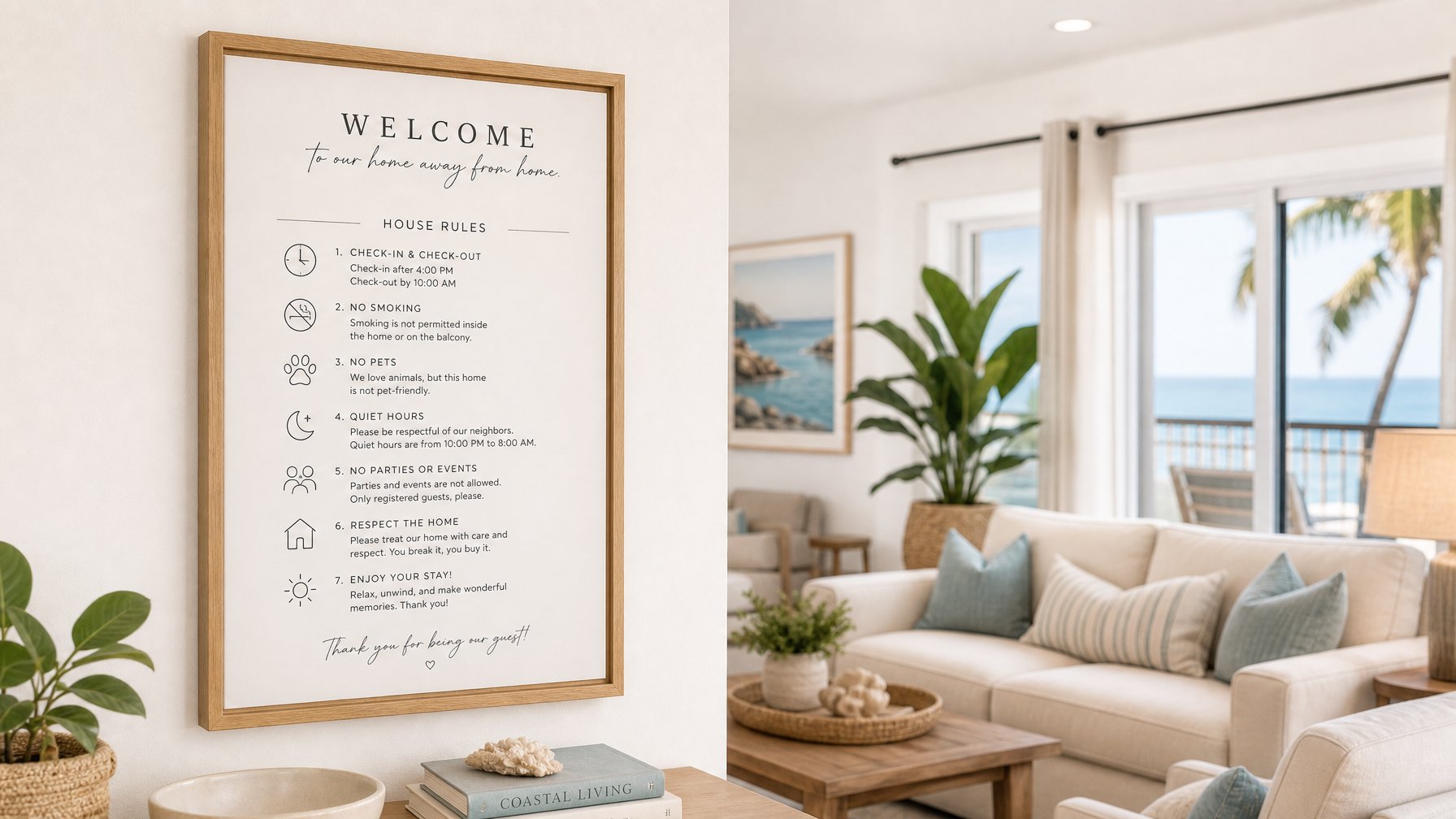 Stylish vacation rental living room with a framed house rules sign on the white wall and cozy furniture in the background