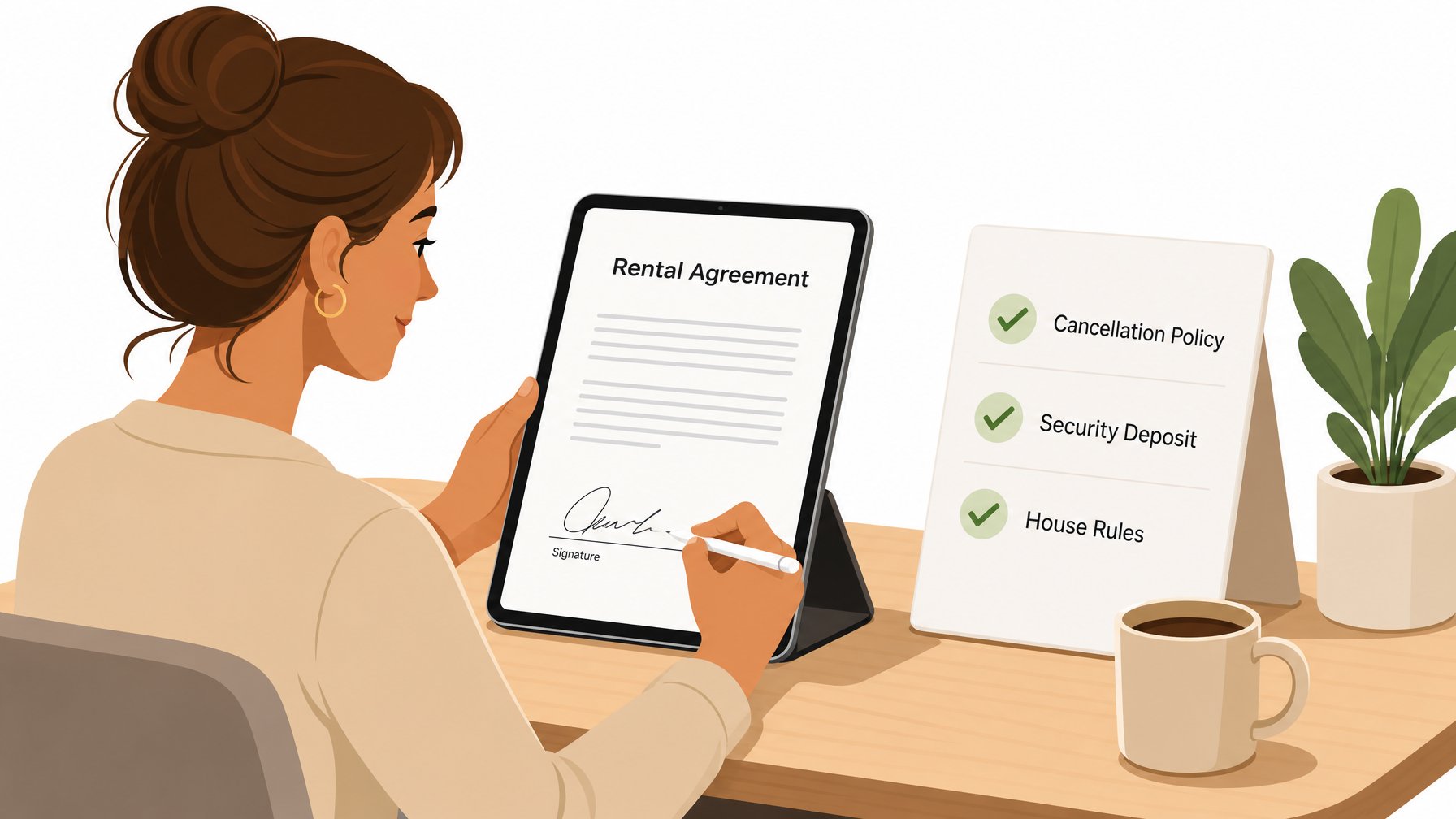 Vacation rental host signing a digital rental agreement on a tablet — checklist beside it shows cancellation policy, security deposit, and house rules each ticked off