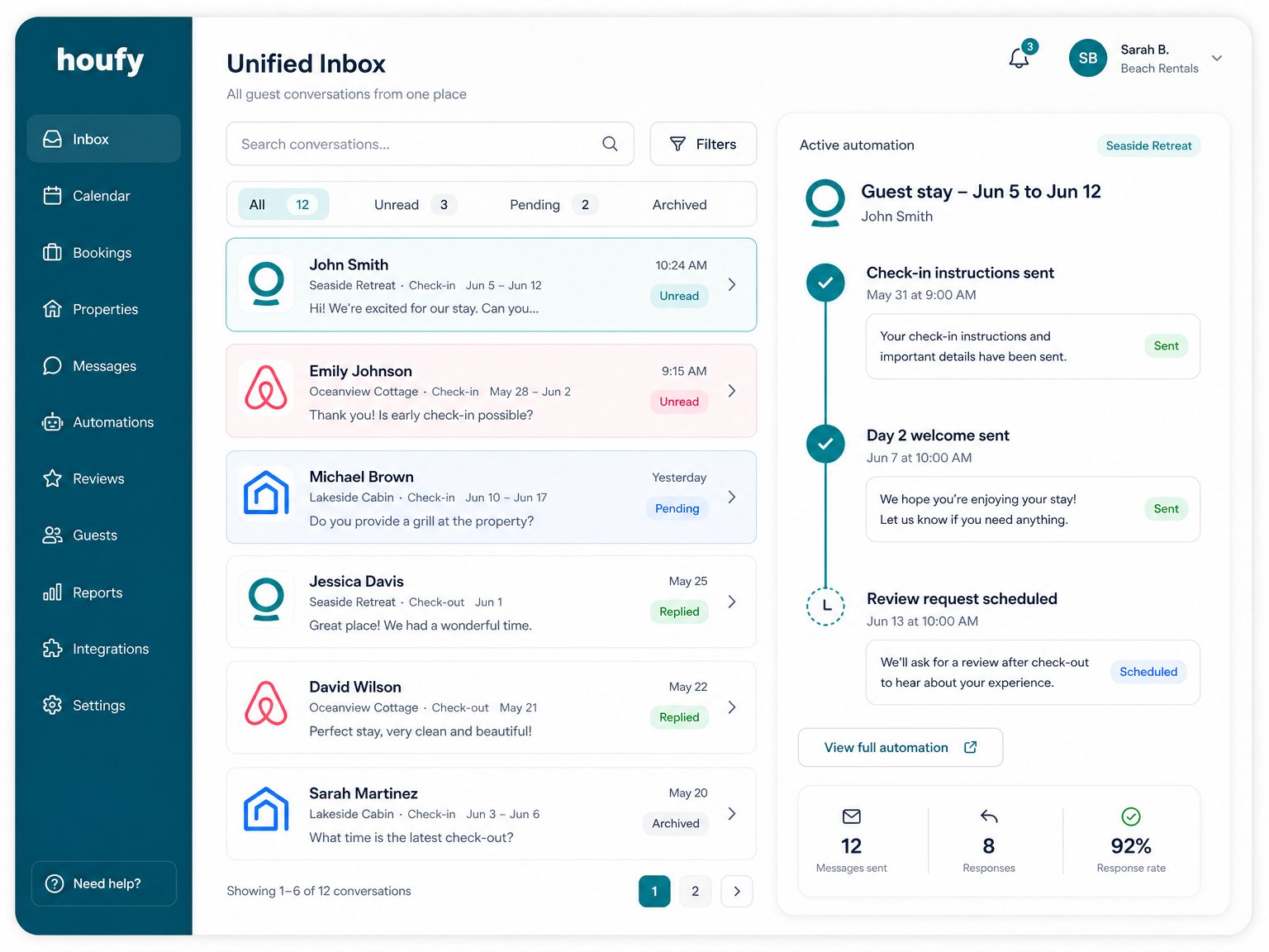 Hospitable property management dashboard showing a Houfy listing connected with an automated messaging sequence active and guest conversations from Houfy, Airbnb, and VRBO aggregated in a unified inbox