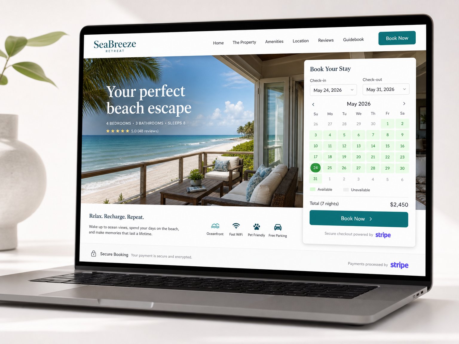 Lodgify vacation rental direct booking website displayed on a laptop, showing a beachfront property listing with a live availability calendar, Book Now button, and Stripe secure payment integration