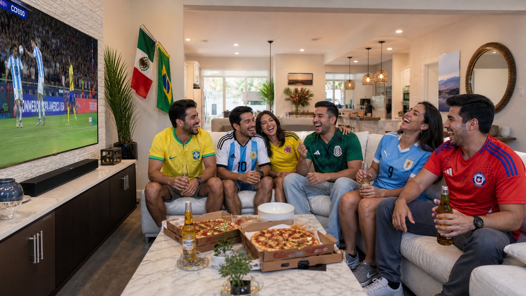 Group of Copa América 2026 fans in tournament jerseys watching match together in a spacious vacation rental living room, Copa flags on wall