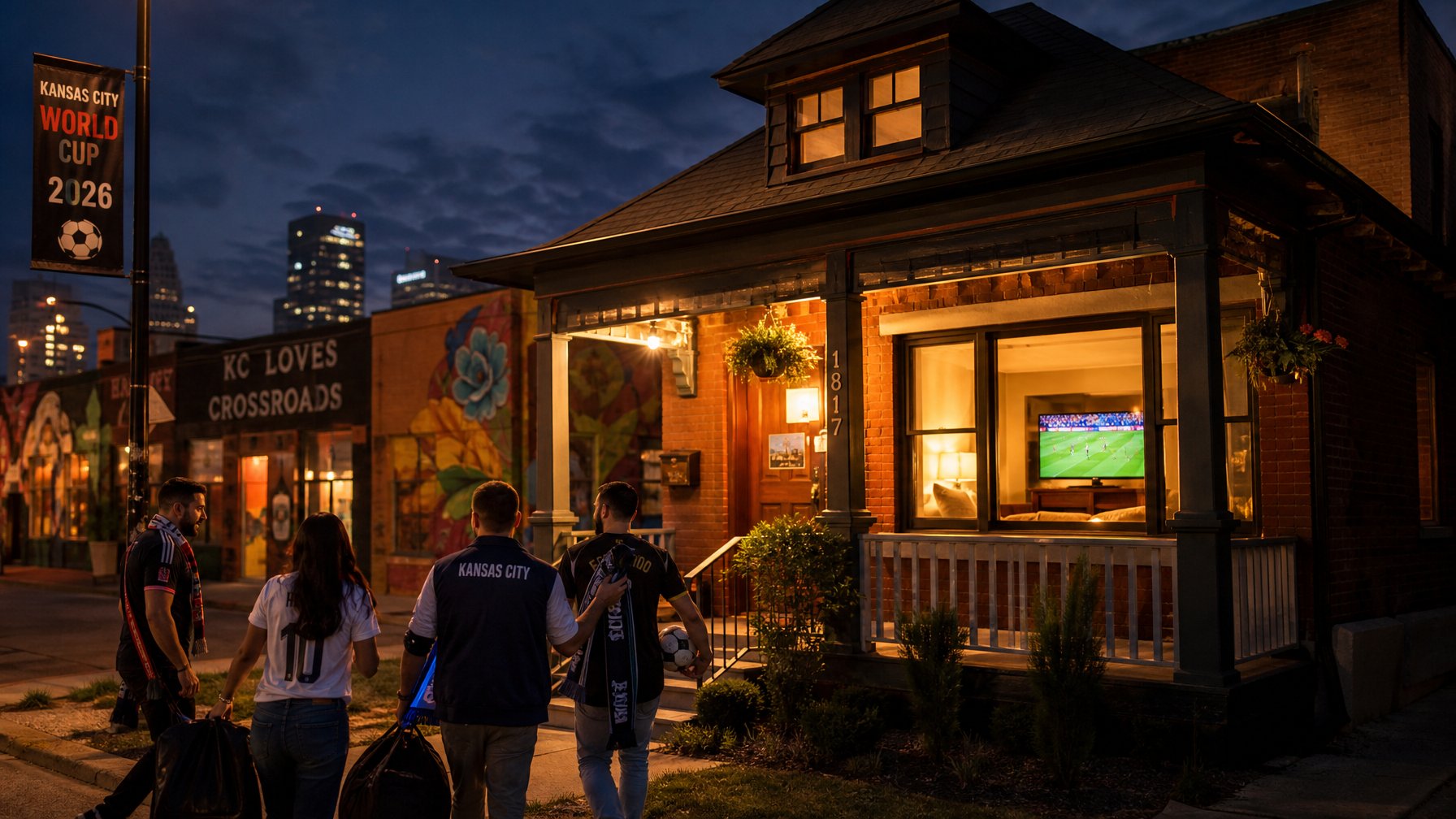 Kansas City Crossroads Arts District vacation rental exterior at night with warm lights glowing and soccer fans arriving for a World Cup match screening