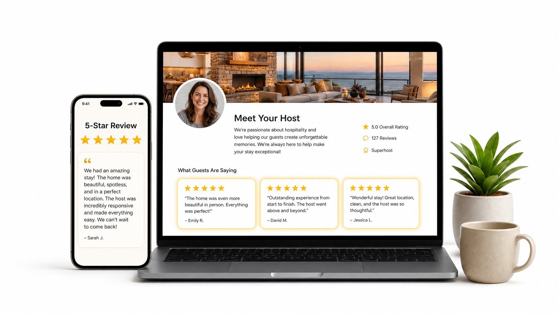 Laptop and smartphone displaying a 5-star vacation rental host profile with 127 reviews and guest testimonials — build your direct booking reputation on Houfy