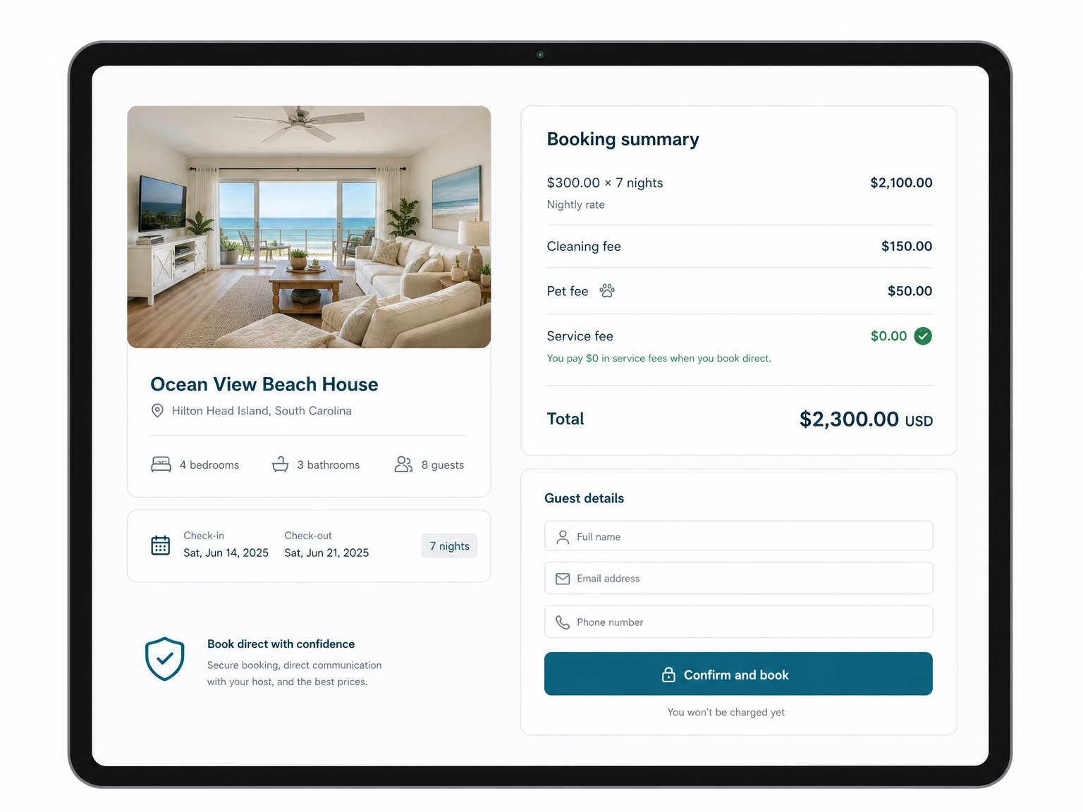 Vacation rental direct booking checkout screen showing pet fee line item alongside nightly rate and cleaning fee with zero service fee — transparent pet fee direct booking