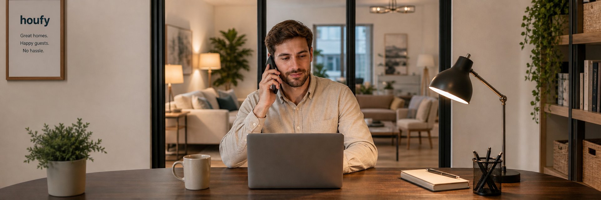 Vacation rental host typing a noise incident documentation log on a laptop at an organized home office desk, recording date, time, and complaint details