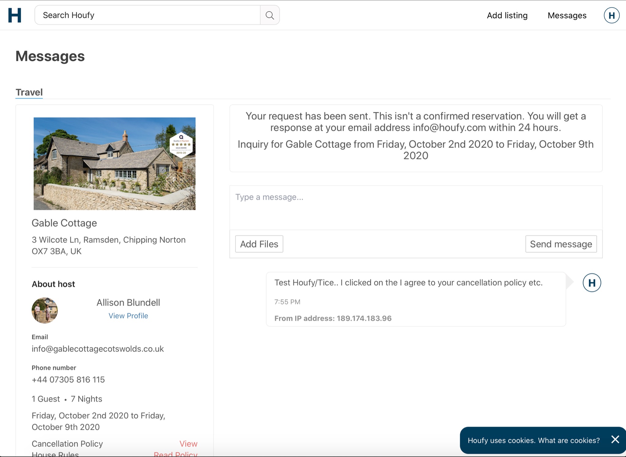 When I do a test booking the confirmation screen says I have no cancellation policy for the dates selected but I have included cancellation terms