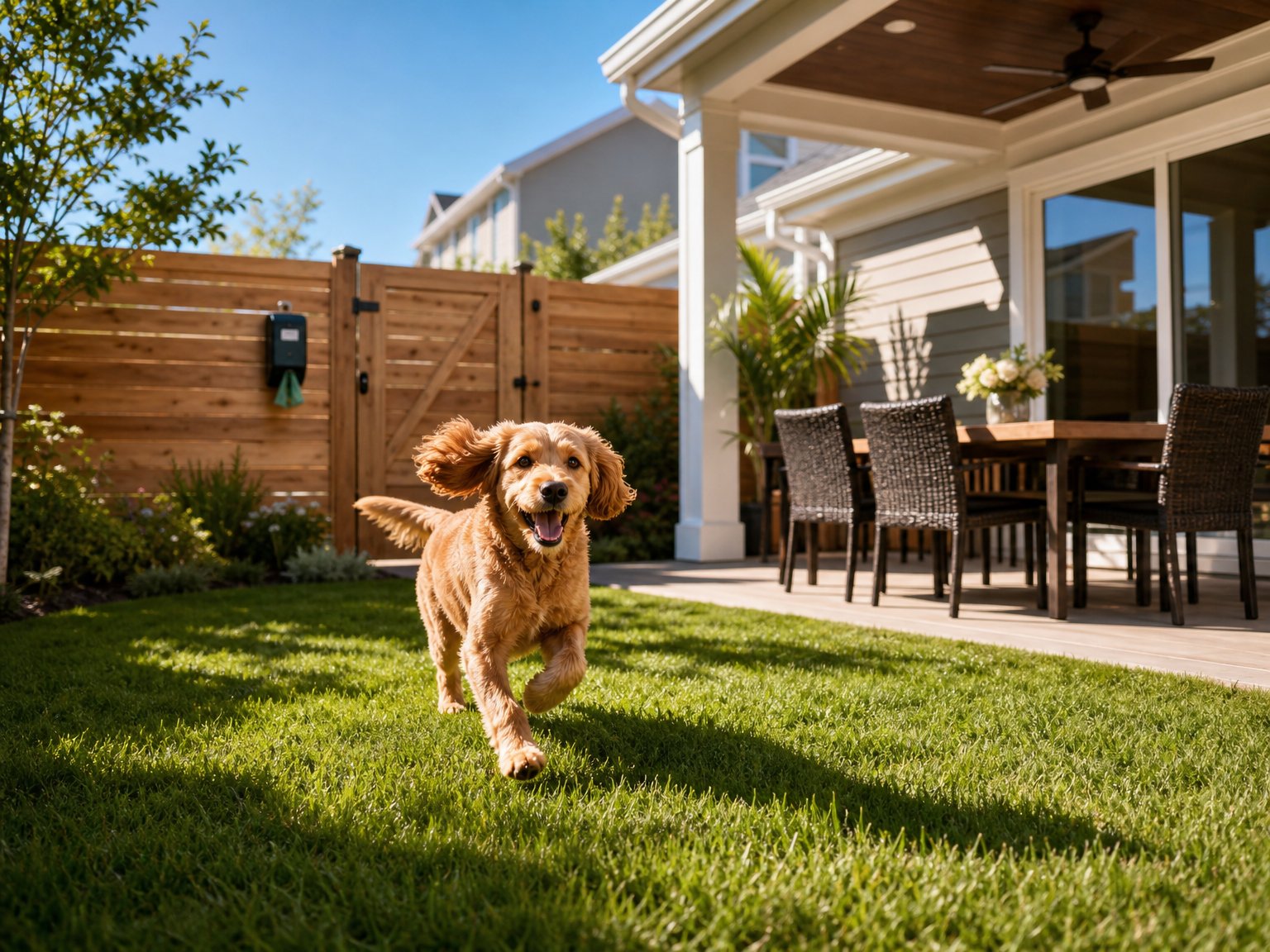 Happy dog running freely in a fully fenced vacation rental backyard with waste bag dispenser at gate and outdoor dining area — dog friendly vacation rental fenced yard amenity