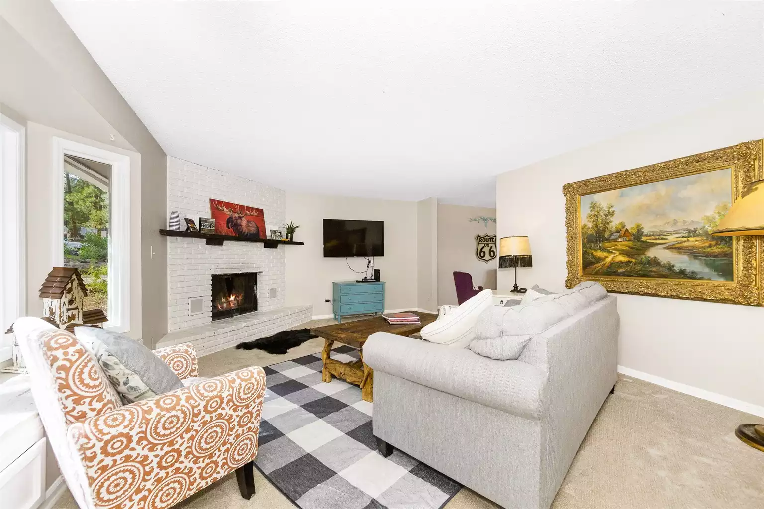 Living Room with Fireplace, Television and Sleeper sofa Two Fireplaces, Treed Lot, Air Conditioning