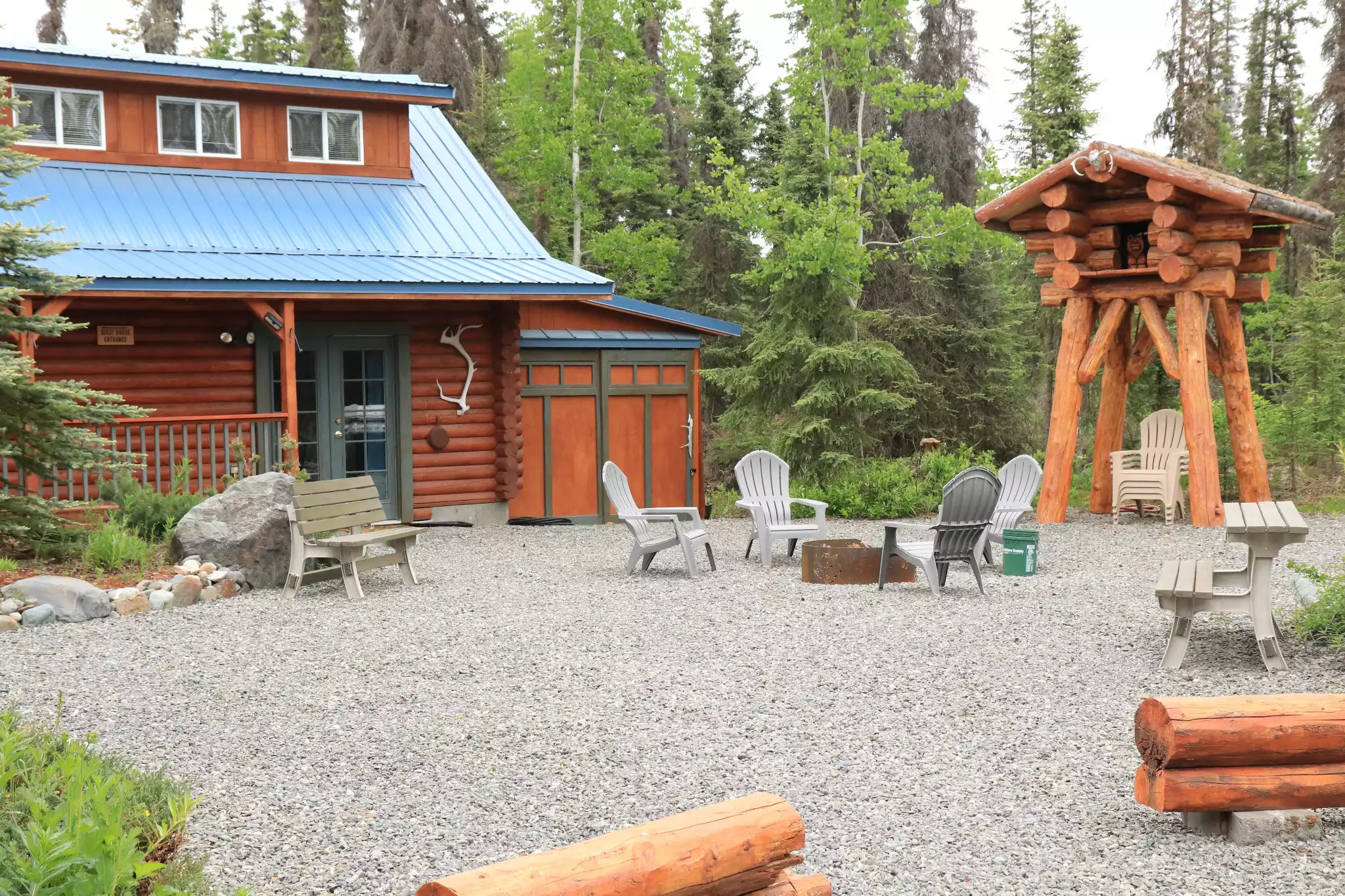 Outdoor seating with shared fire pit.  