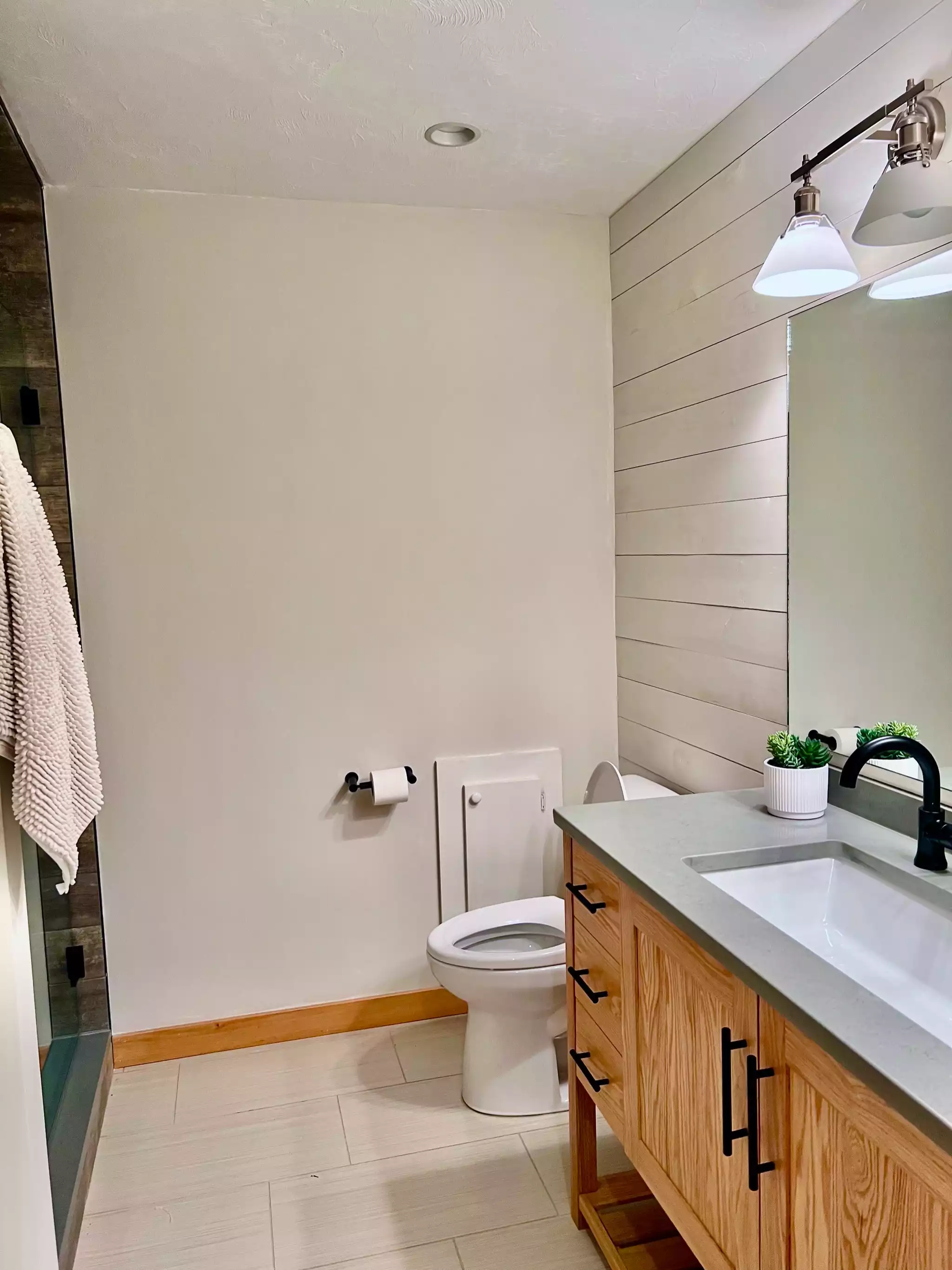 Guest bath with double trough sink, custom shower, toilet - Happy Loon Nest Family Mountainside Retreat - Lincoln