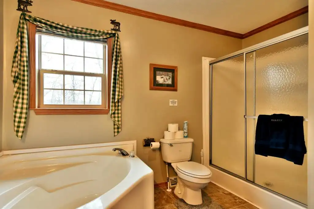 Master bath soaking tub with views of backyard fire pit and lake, plus stand up shower. - *Cabin w/ Screen Deck!*Kayak*SUP*Pedalboat*Rowboat - Birchwood