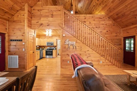 View from open living room into kitchen