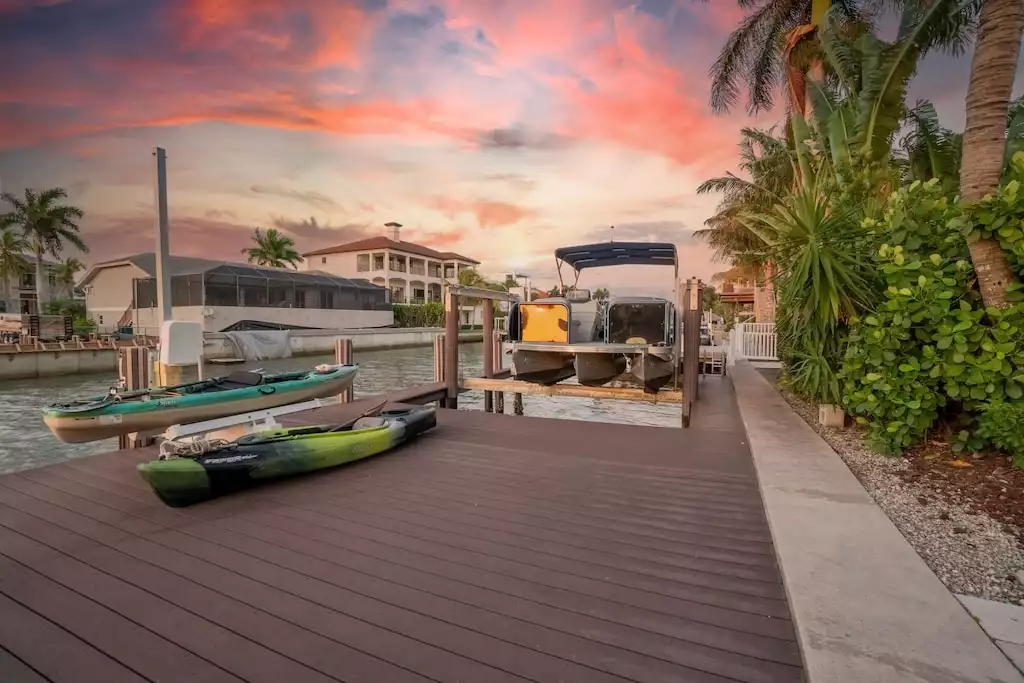 Dock with kayaks and paddleboards
