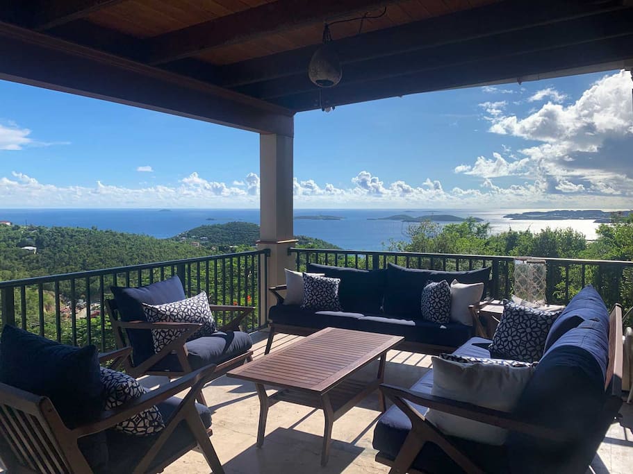 Morning coffee on the deck?  Upper deck with ocean views and hilltop breezes - Large sitting and eating area - oh those views! - Riley's Retreat  - St John