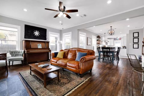 Living room, dining room, and kitchen - ready for you to settle in and enjoy a comfortable stay. These are part of the whole house, or if guests rent only one unit, these are part of the San Antonio Suite.