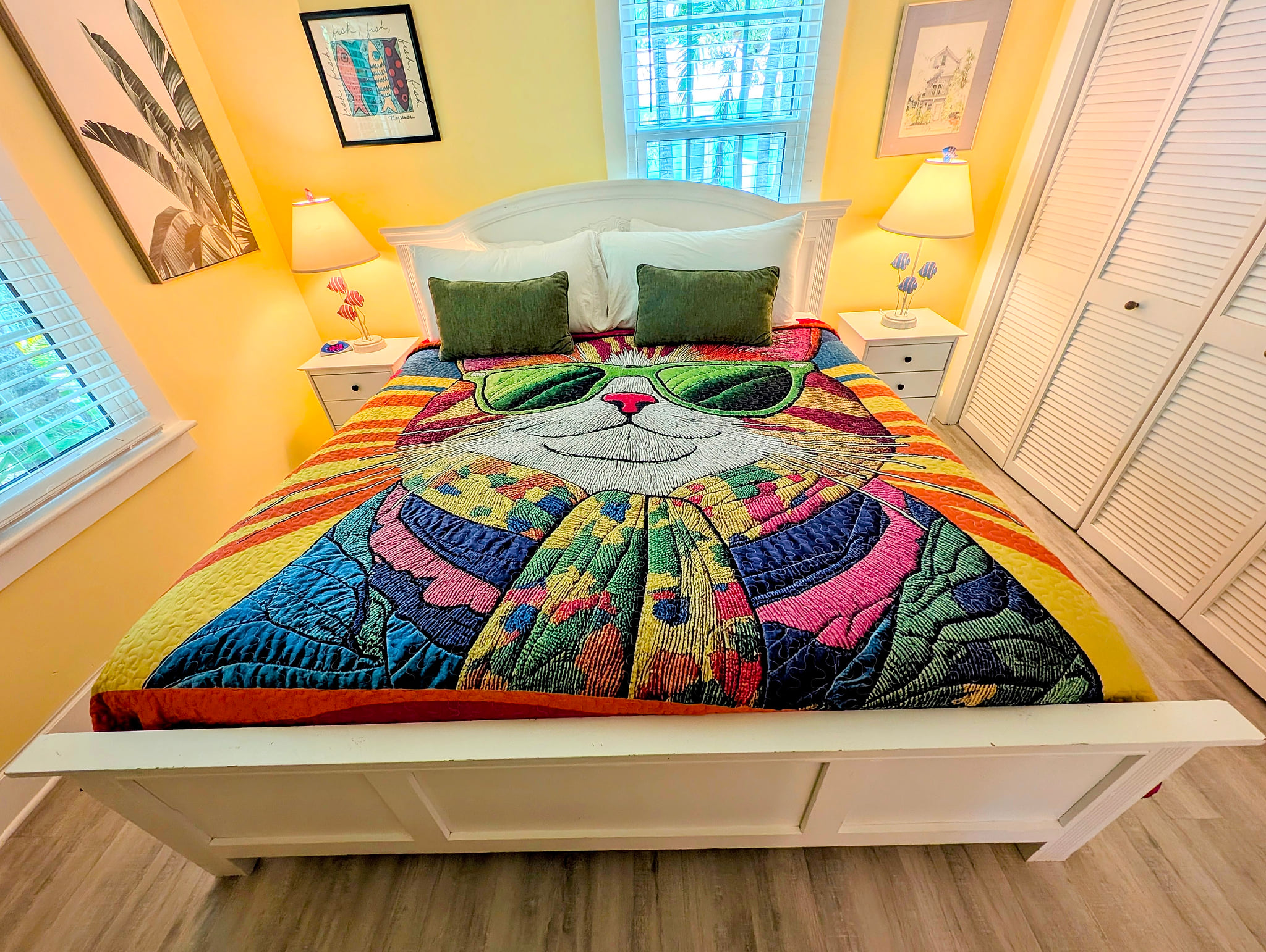 Sunny bedroom with King bed and playful cat quilt, cozy lighting and ample storage. Cathouse Old Town Oasis Huge Heated Pool & Parking