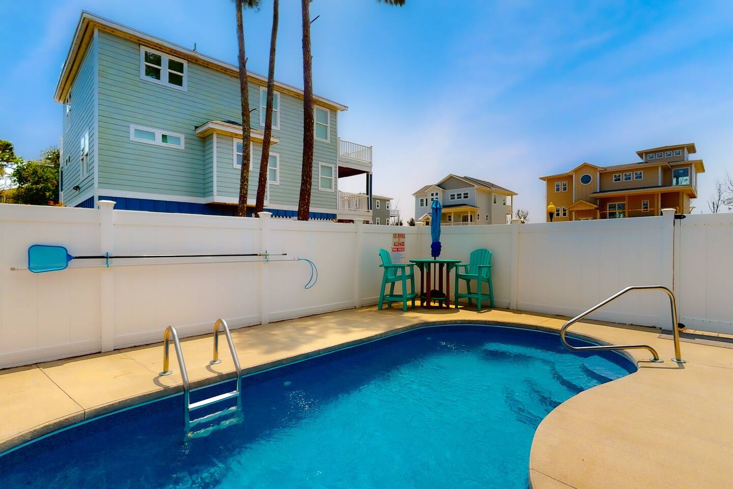 Step outside and unwind by the 10- by 24-foot private pool or take a dip in the therapeutic spa. For added convenience, an enclosed outdoor shower is tucked away in this fenced area.