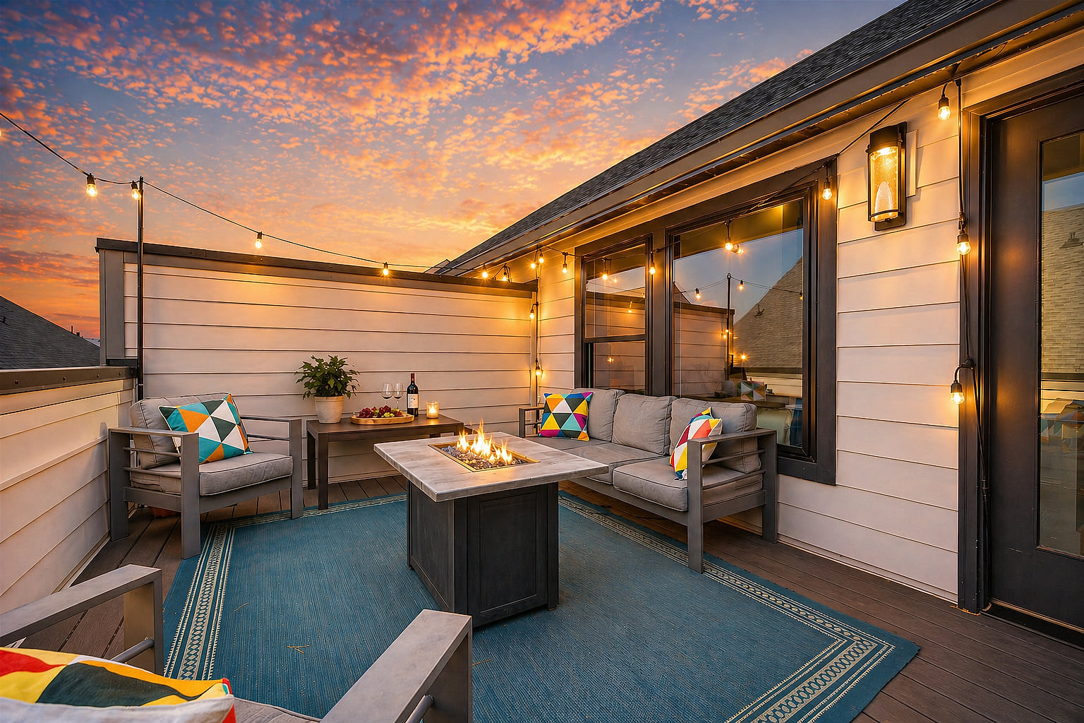 This private rooftop deck has seating for 4, color changing lights, total privacy, and a fire pit.