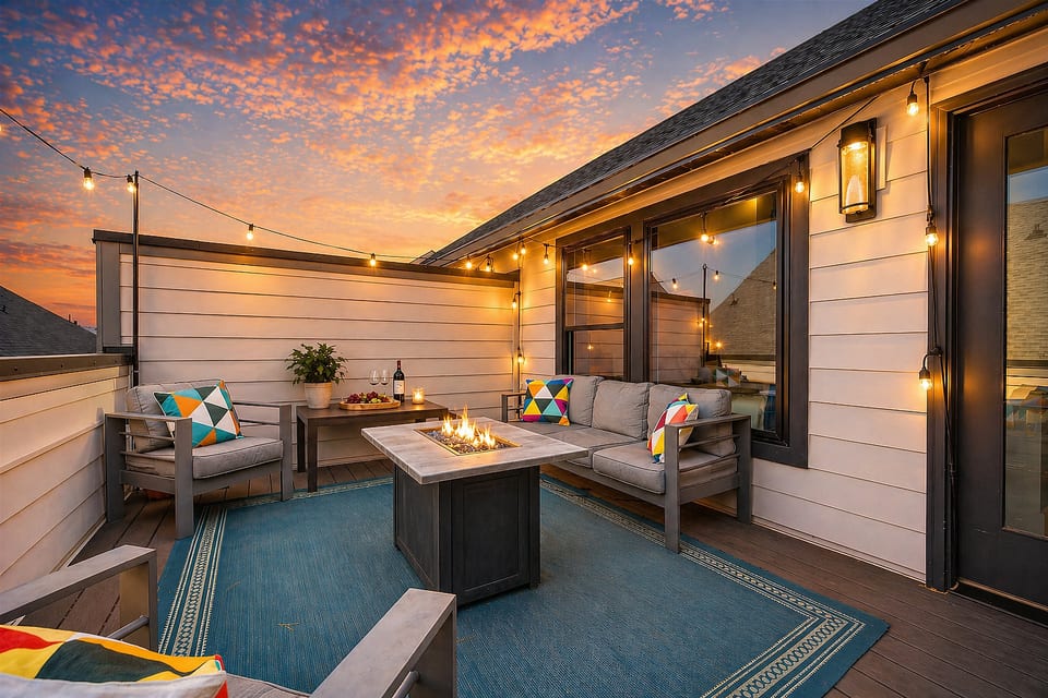 This private rooftop deck has seating for 4, color changing lights, total privacy, and a fire pit.