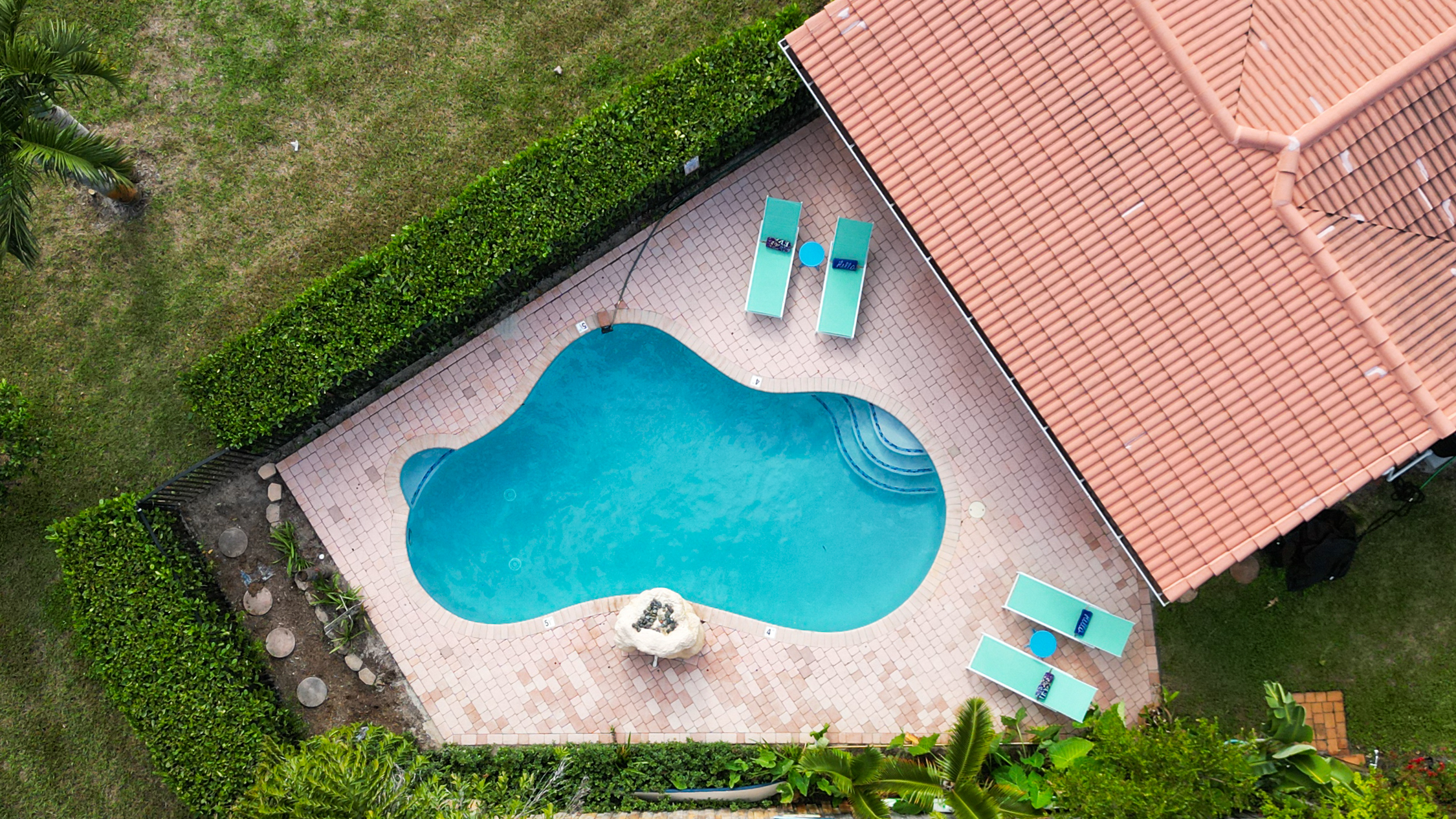 Private pool and backyard with loungers and umbrella 
