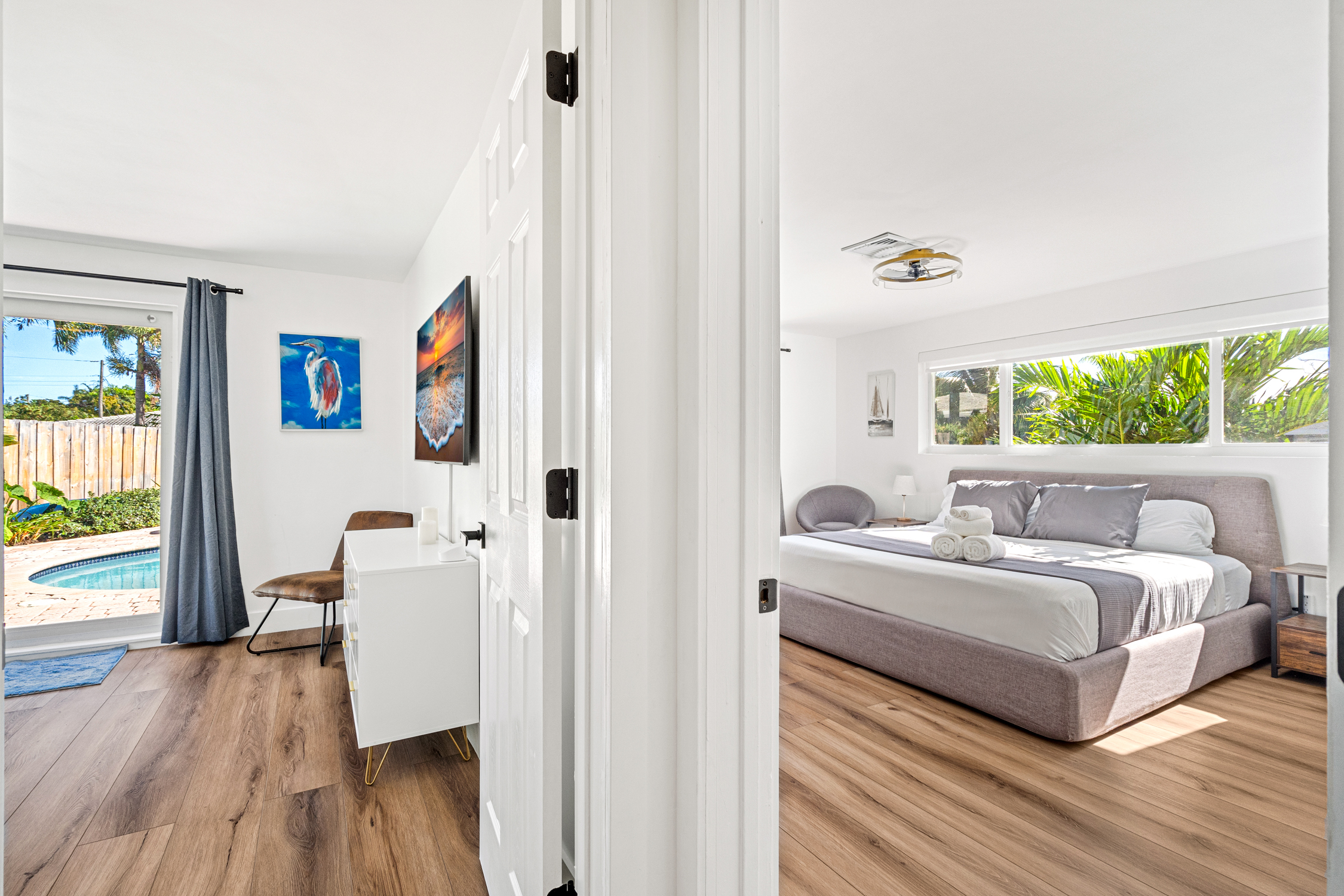 View from the corridor into Bedroom 1 and Bedroom 2