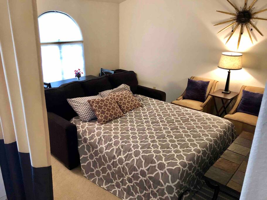 Queen Sleeper Sofa in living room with privacy curtains Queen Sleeper Sofa in living room with privacy curtains - Happy Cactus: Repeat Guest /Direct Booking Site - Oro Valley