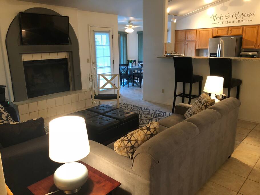 Great room with gas fireplace and smart tv with cable - Happy Cactus-Repeat Guest  & Direct Booking Site - Oro Valley