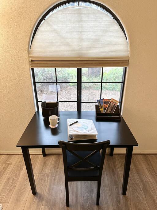 Workspace in living room with outside view. - Happy Cactus-Repeat Guest  & Direct Booking Site - Oro Valley